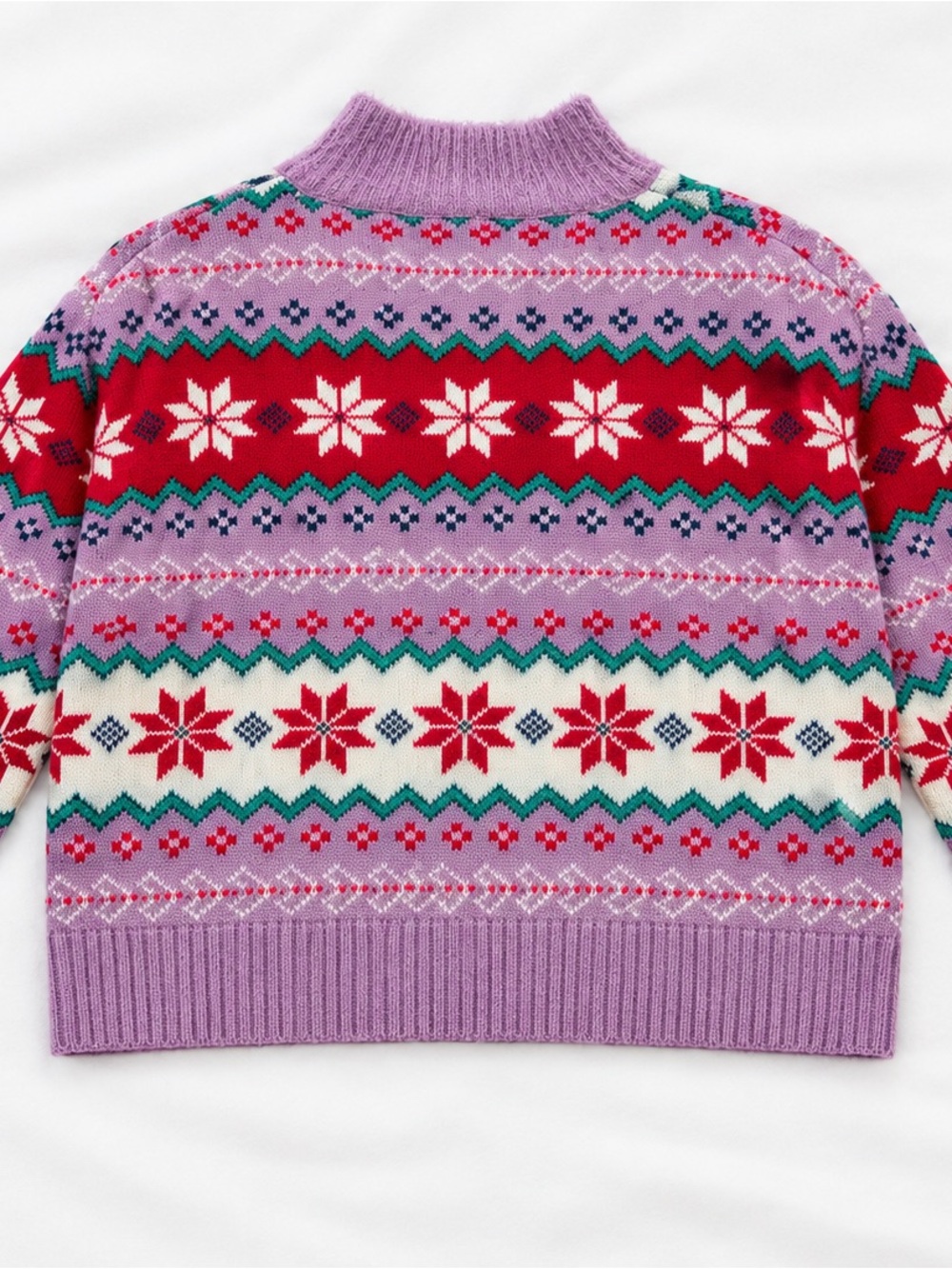 Lilac Fair Isle Turtleneck Sweater with Red & White Snowflake Pattern